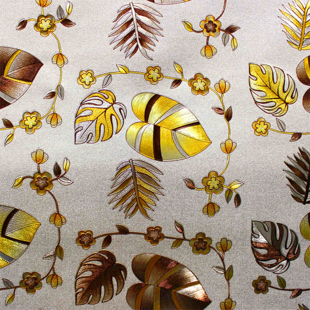 Caprice Metallic Yellow - Vaxduk med blommor och blad närbild