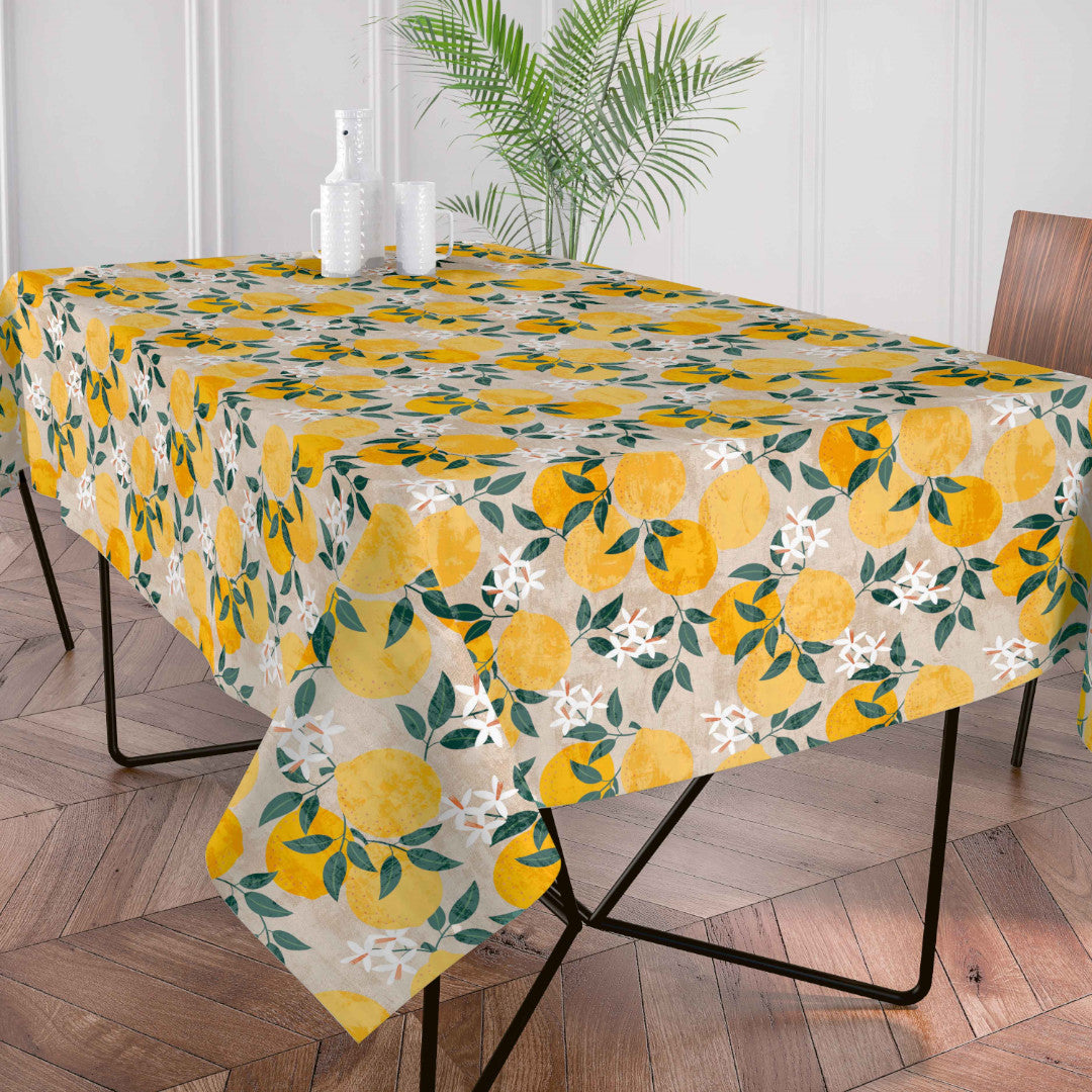 Citronlunden Lino textilvaxduk med citroner och naturfärgad linnelook på bord