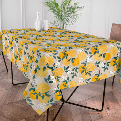 Citronlunden Lino textilvaxduk med citroner och naturfärgad linnelook på bord