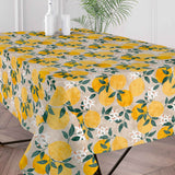 Närbild av Citronlunden Lino textilvaxduk med citroner och linnelook