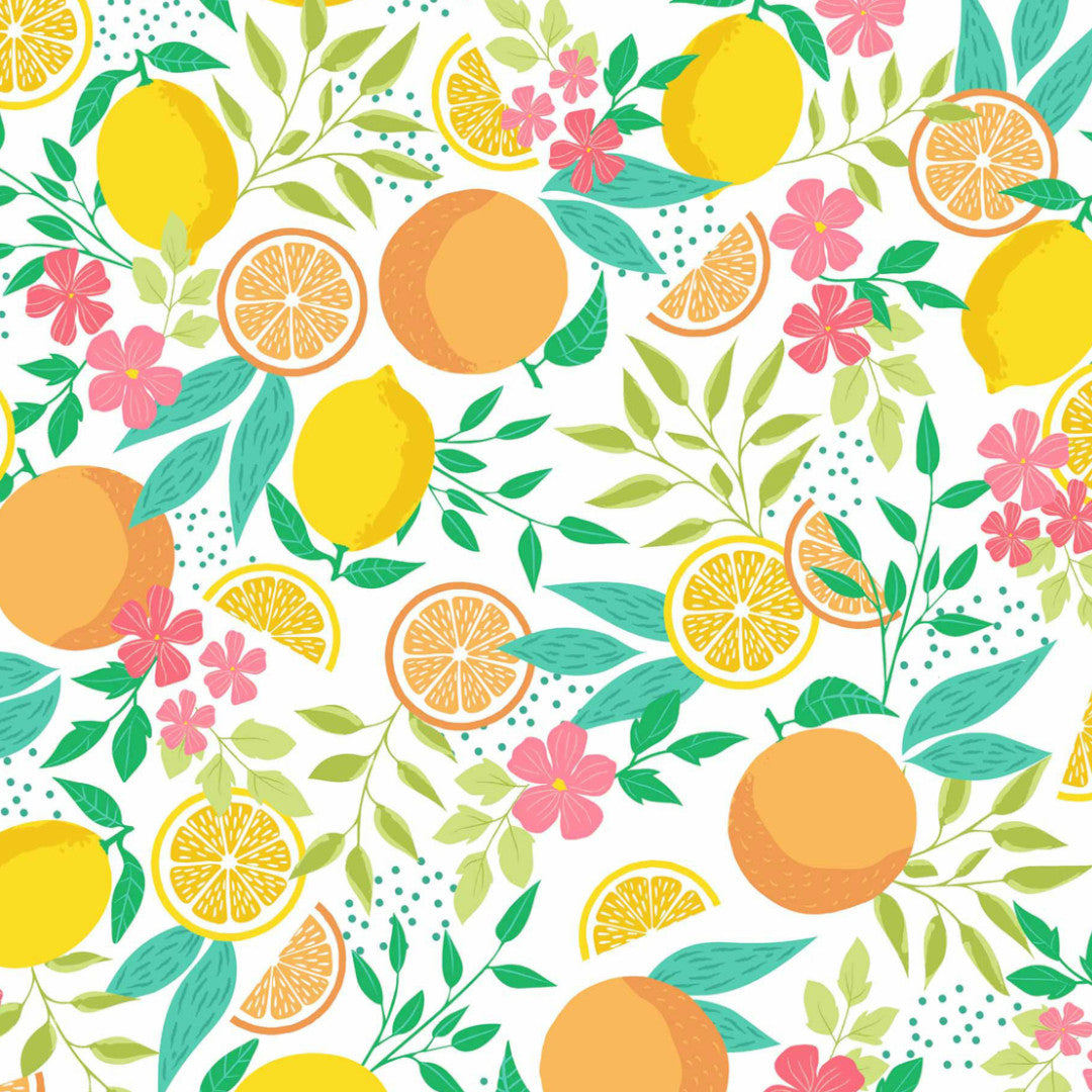 Närbild av Citrus White - Vaxduk med citroner och blad