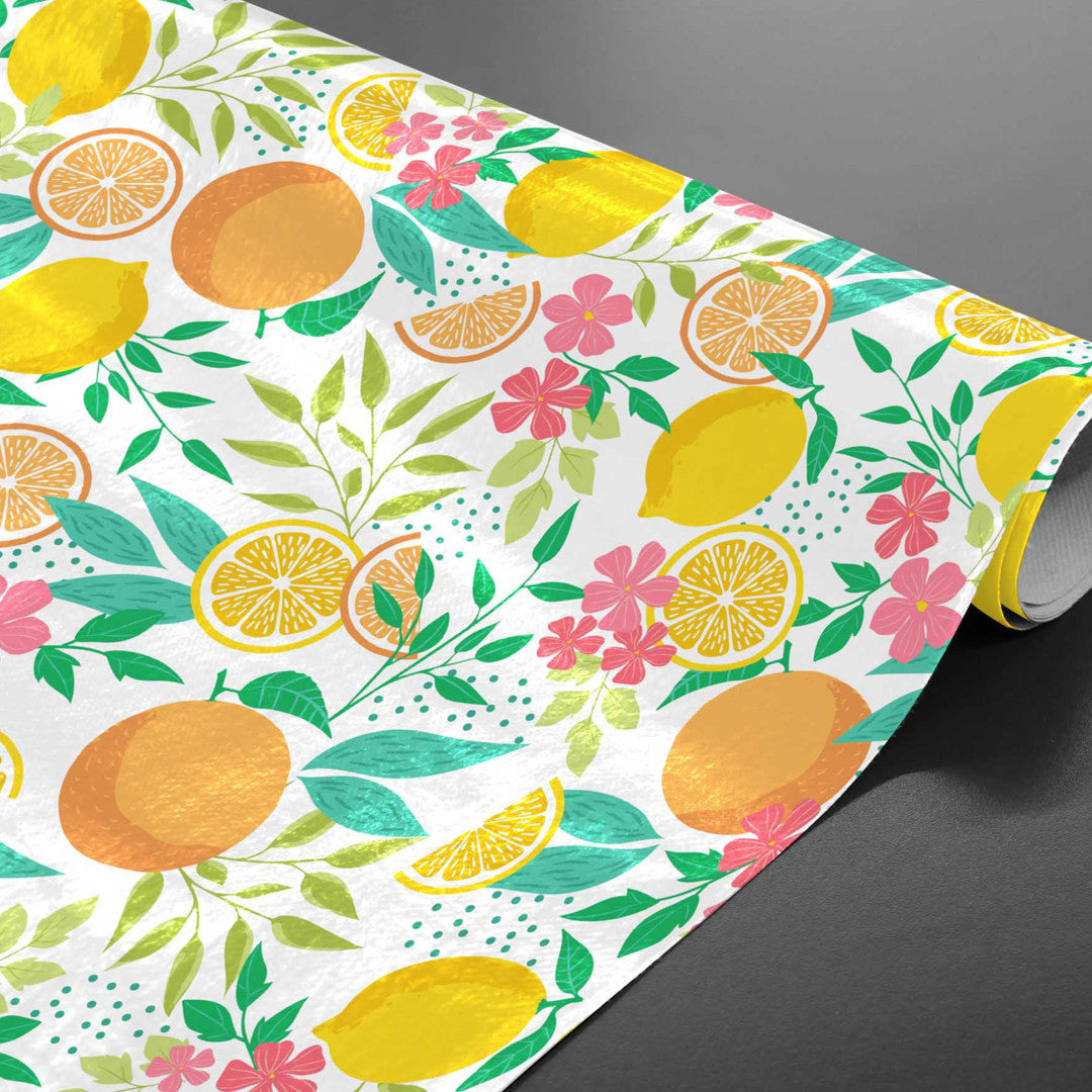 På rulle Citrus White - Vaxduk med citroner och blad