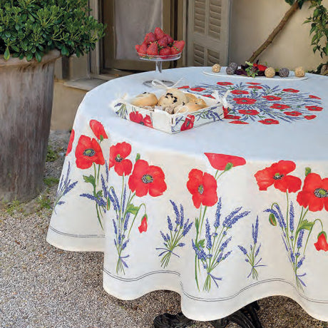 Coquelicot Råvit - Rund akrylbelagd provenceduk  Ø 180 cm