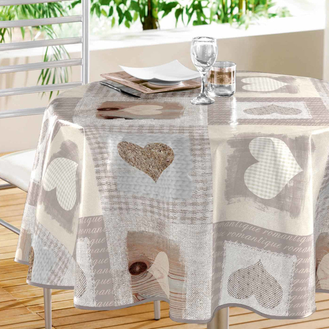 Cosy Coeur - Rund vaxduk grå med hjärtan, Ø 155 cm