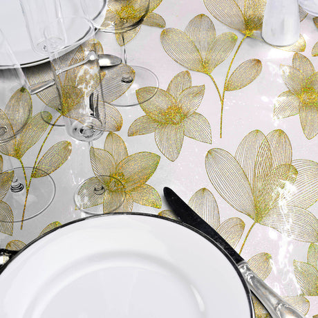 Närbild, Danela Gold - Transparent vaxduk, konturblommor och glittereffekt, rulle