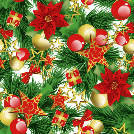 Estrella Christmas Time - Textilvaxduk med, kulor, gran, rosetter och paket