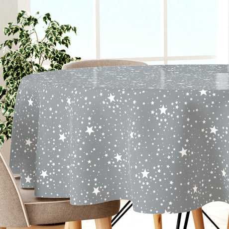Etoiles Silver - Rund julvaxduk i grå/silver med vitt stjärnmönster