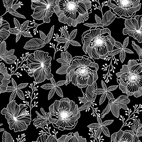 Närbild av Filligranhaven Vit - Vaxduk med vita blommor och blad på svart bakgrund
