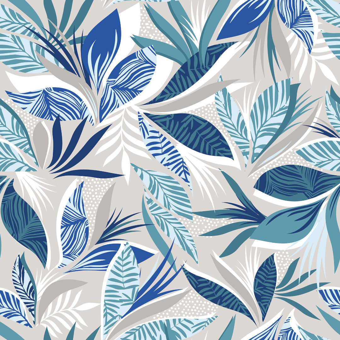 Närbild av Funky Blue Jungle - Vaxduk med blad i blå nyanser på en grå bakgrund
