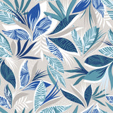 Närbild av Funky Blue Jungle - Vaxduk med blad i blå nyanser på en grå bakgrund