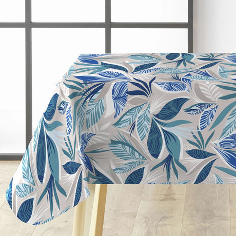Miljöbild av Funky Blue Jungle - Vaxduk med blad i blå nyanser på en grå bakgrund