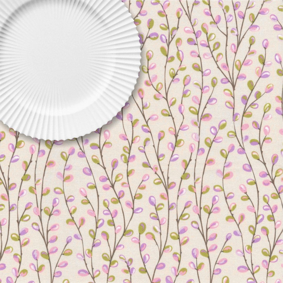 Videkissar på Gren Pink – Ljusbeige textilvaxduk med videkissar
