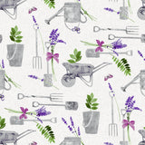 Närbild av Garden Life Provence - Ljus vaxduk med allt som hör till trädgården