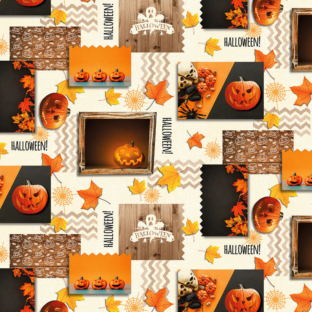 Närbild Halloween, vaxduk med spöken, spindelväv, pumpor