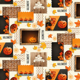 Närbild Halloween, vaxduk med spöken, spindelväv, pumpor