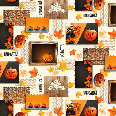 Närbild Halloween, vaxduk med spöken, spindelväv, pumpor