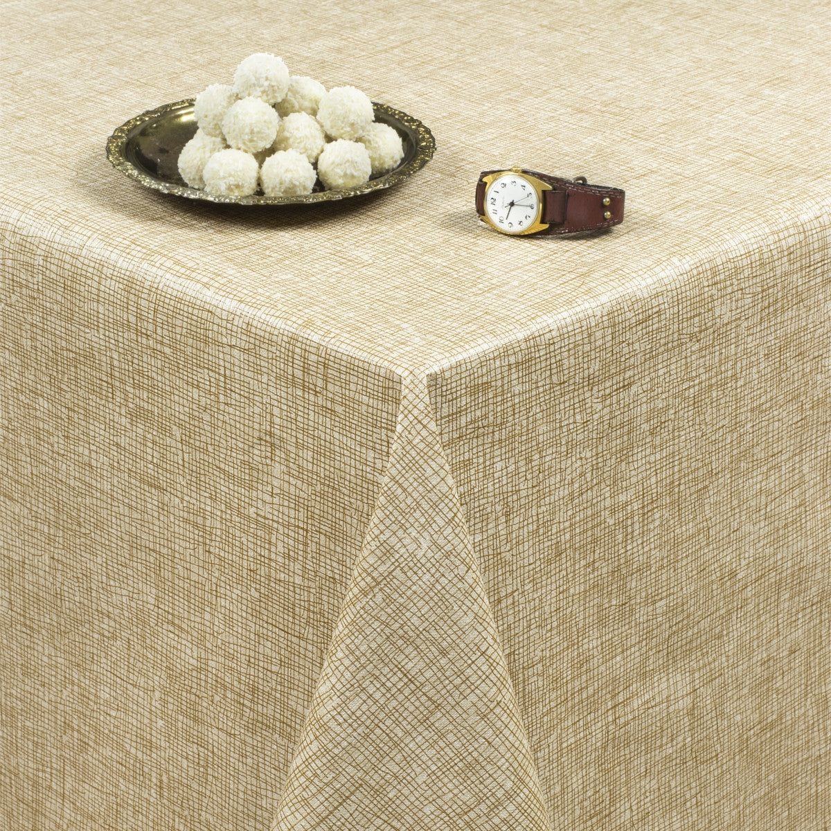 Hessian look beige - Rund vaxduk med resår