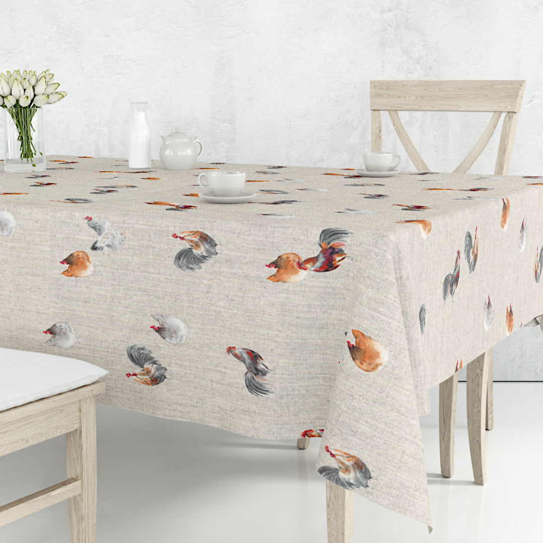 Textilvaxduk på bord, linnelook och akvarellmålade höns, 160 cm