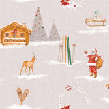 Jul i fjällen Beige - Julvaxduk med fjällstuga,  Närbild skidor, hare,rådjur