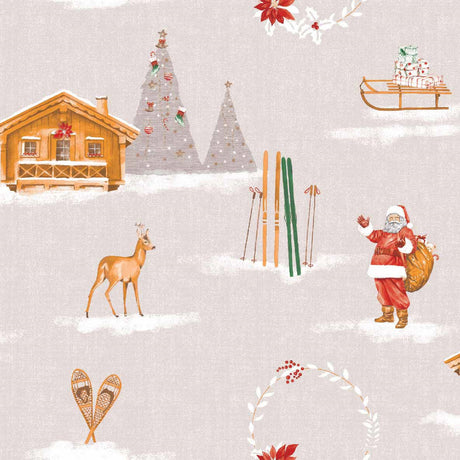 Jul i fjällen Beige - Julvaxduk med fjällstuga,  Närbild skidor, hare,rådjur