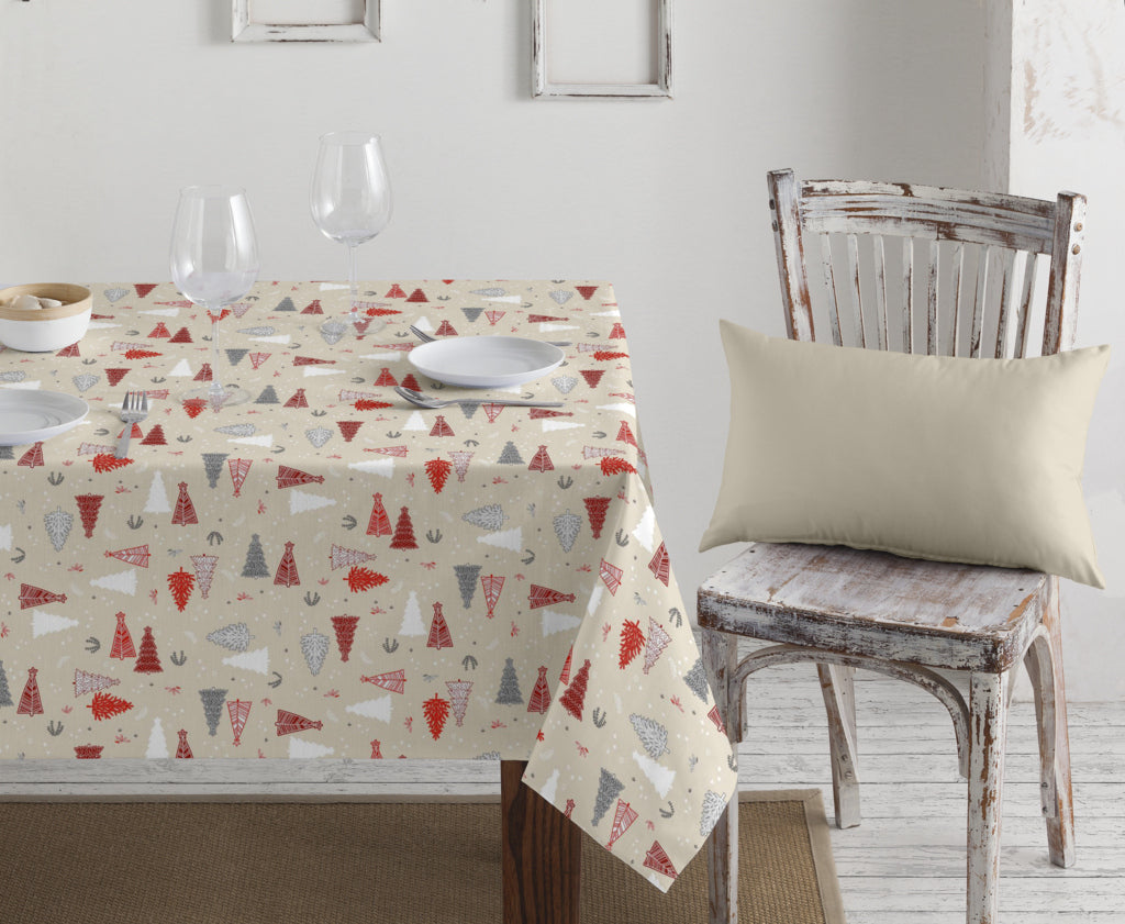 Julduk med lurex – Textilvaxduk med julgranar på beige bakgrund