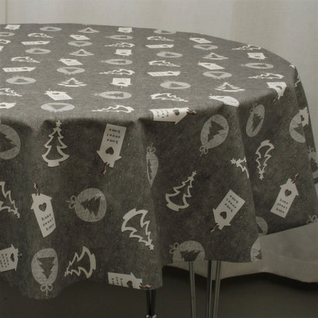 Rund Julduk, Home Sweet Home, grå - textilvaxduk med julmotiv