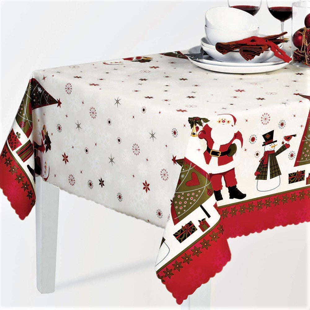 Julduk med tomtar, snögubbar och julgranar och julklappar. Miljöbild