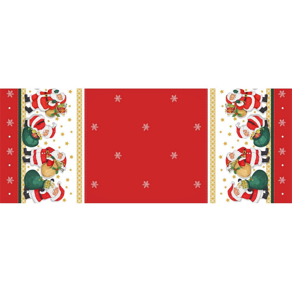 Jultomten med sin säck -  julvaxduk bild uppifrån, tomtar julklappssäckar