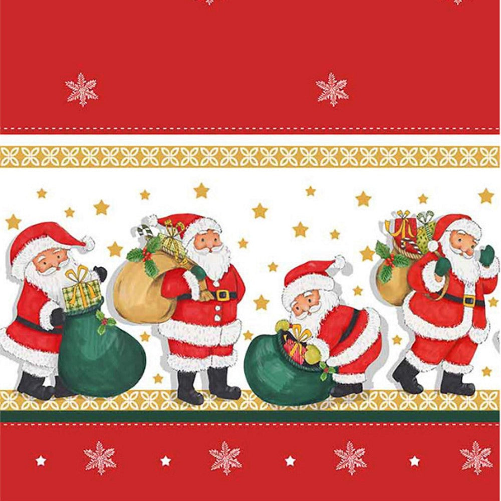 Jultomten med sin julklappsäck - julvaxduk närbild av bården tomten, stjärnor