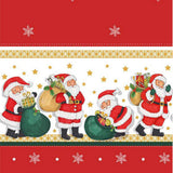 Jultomten med sin julklappsäck - julvaxduk närbild av bården tomten, stjärnor