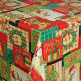 Julvaxduk med patchwork av julpynt i färg, hörnbild