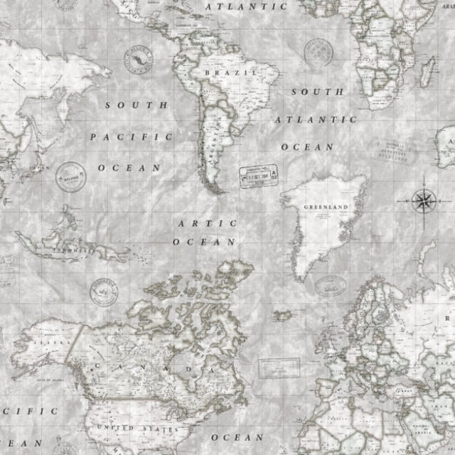 Map Mundi grå, textilvaxduk med världskarta