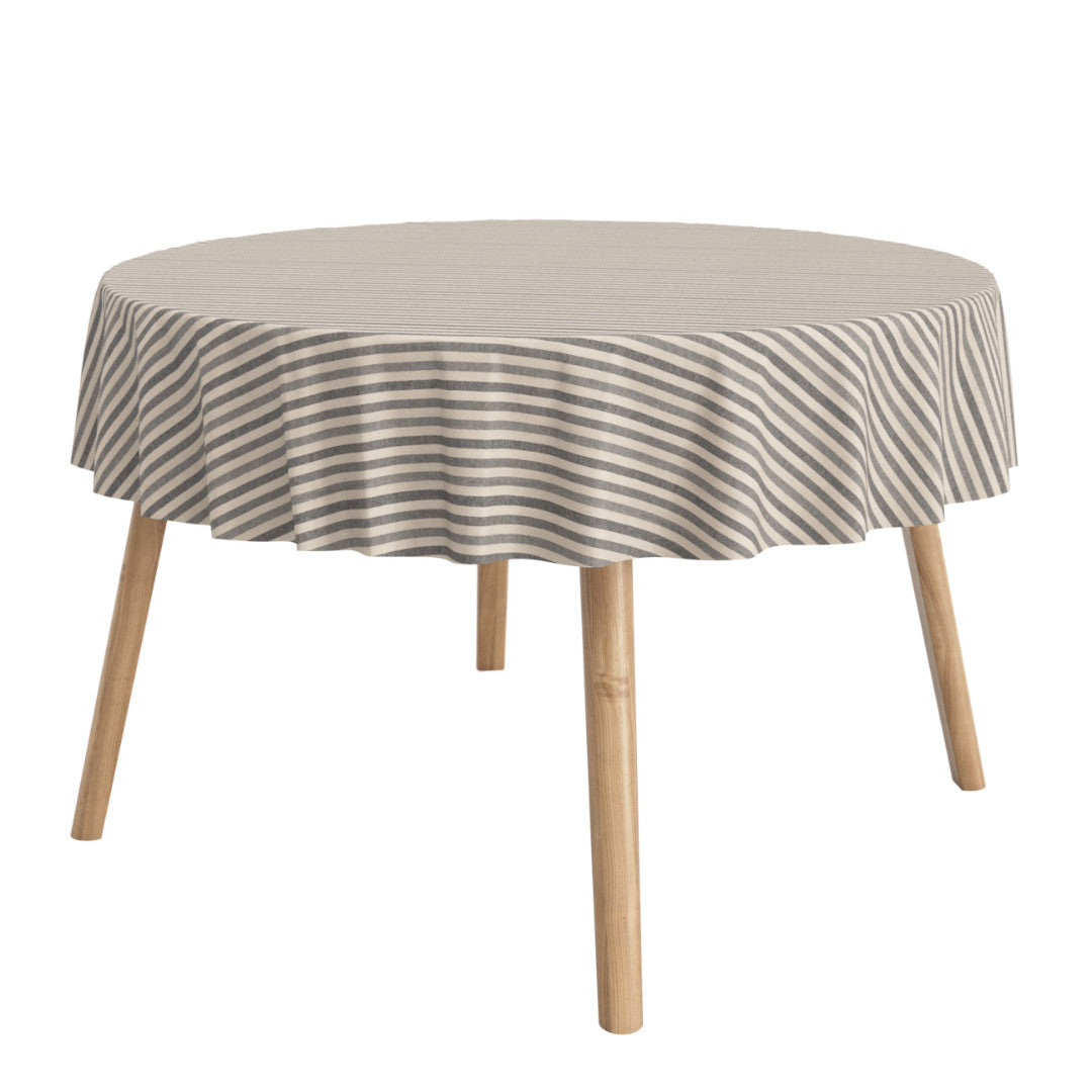 Miljöbild rund textilduk - Marché Stripes Grå - textilduk med ränder  i linne-look
