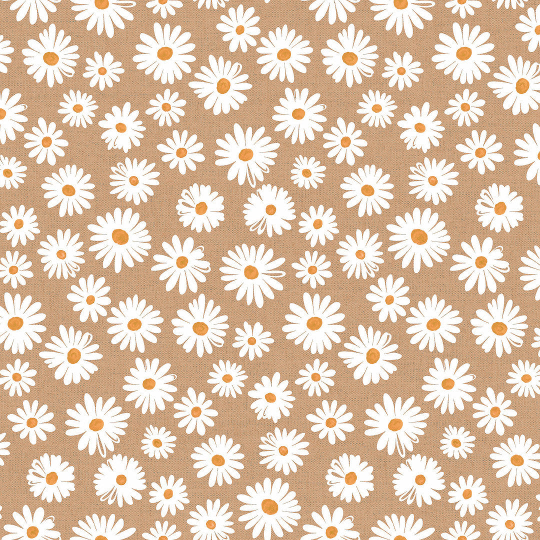 Närbild av Margarita Natur - textilduk med prästkragar och naturfärgad bas