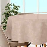 Mesina Beige - rund vaxduk i linne-look med vitrandiga blad