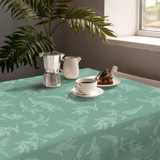 Miljöbild av Mesina Green - Vaxduk i linne-look med vitrandiga blad