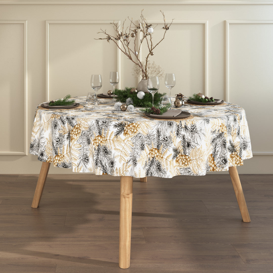 Nordisk jul - Guld och gran - rund textilduk med gran och gyllene detaljer