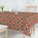 Regalos julbordsduk - textilduk i varm brun linne-look med julklappar, tomtar och julgranar