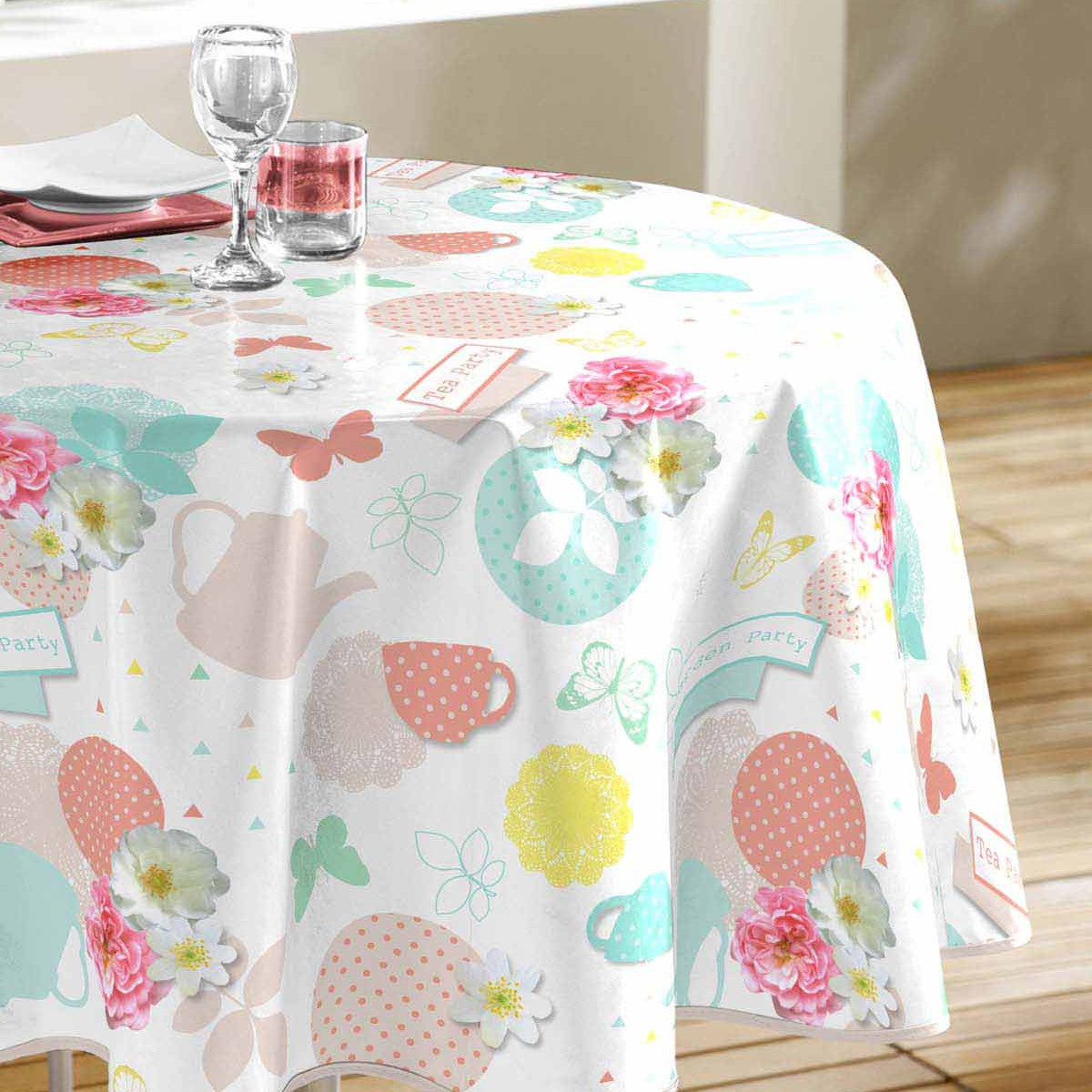 Tea Party - Rund vaxduk med tekannor Ø 155 cm