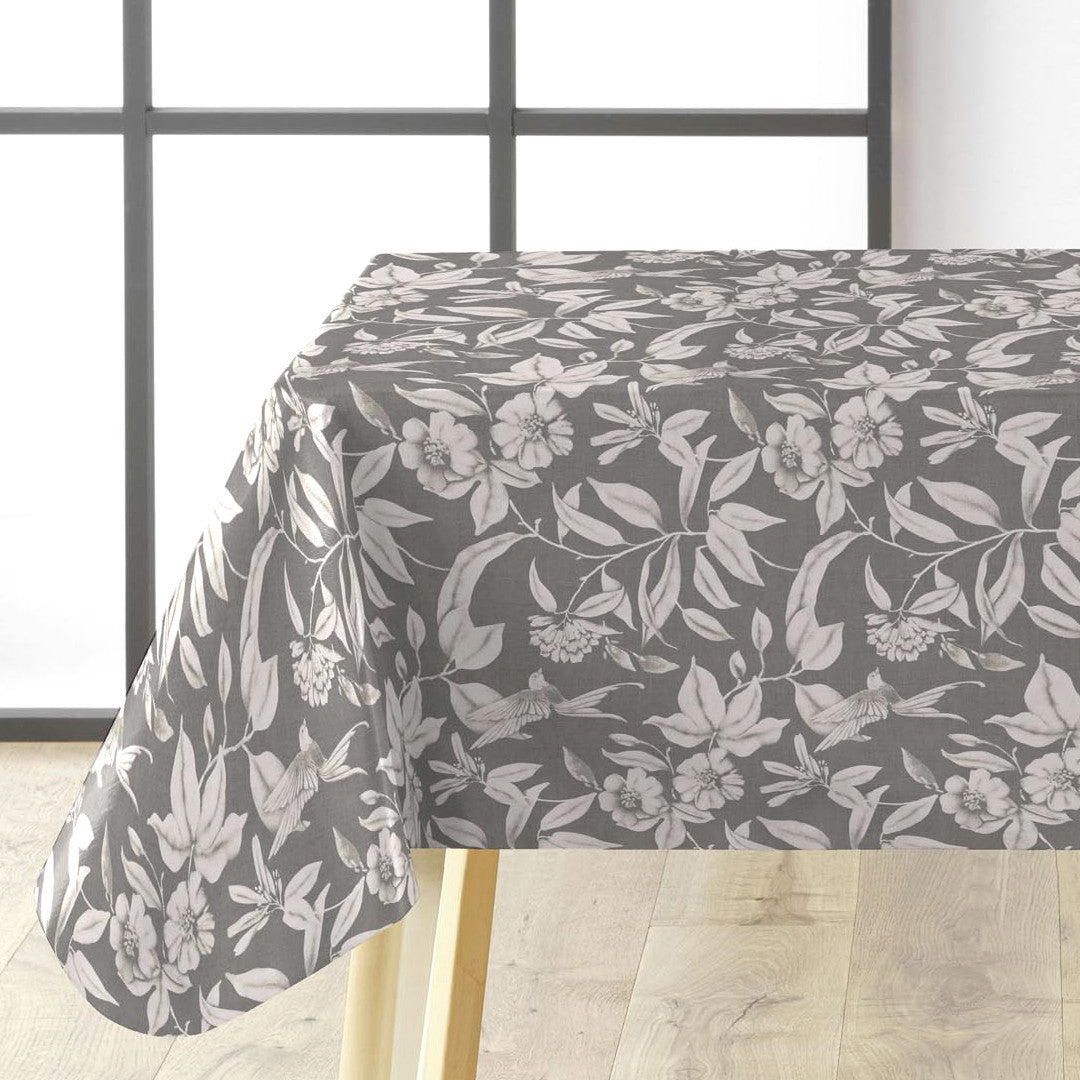 Textilia Miosotis Greyvaxduk med vita blomster på går bottenog grå bund