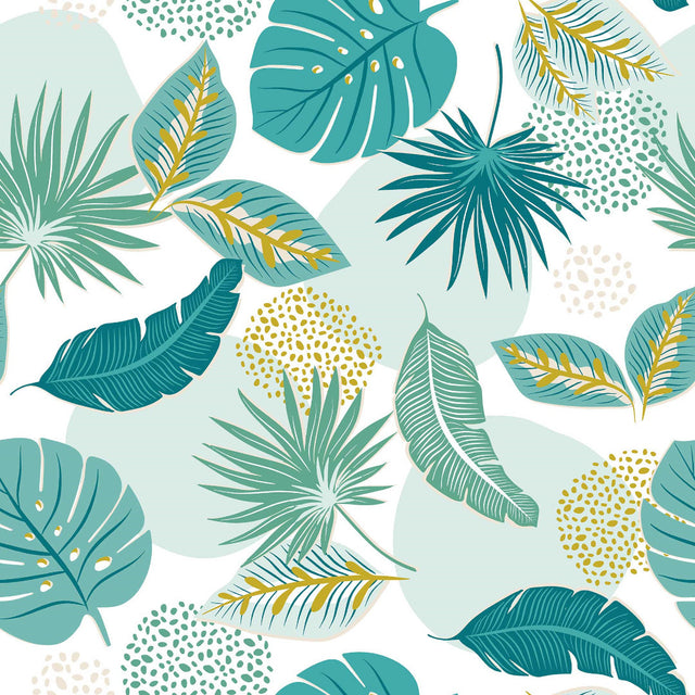 Textilia Plantania Blue - Vaxduk med olika blad i fräscha färger närbild