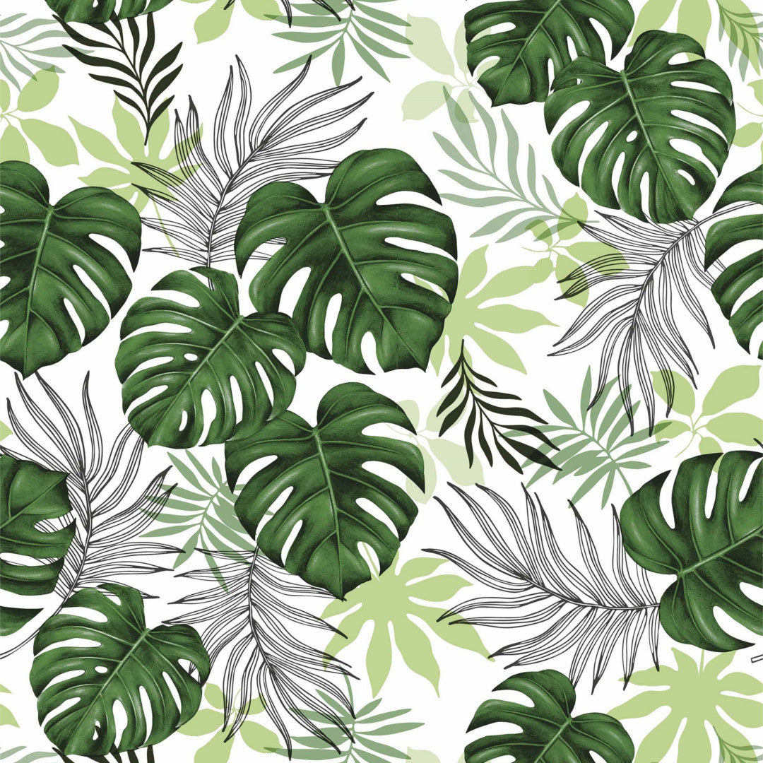 Tropeland - Vit vaxduk med gröna exotiska blad