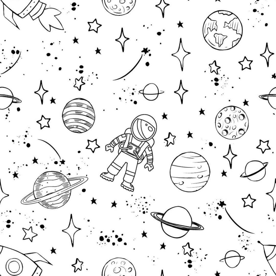 Universum, färglägg själv - Vit vaxduk med planeter, stjärnor och rymdskepp