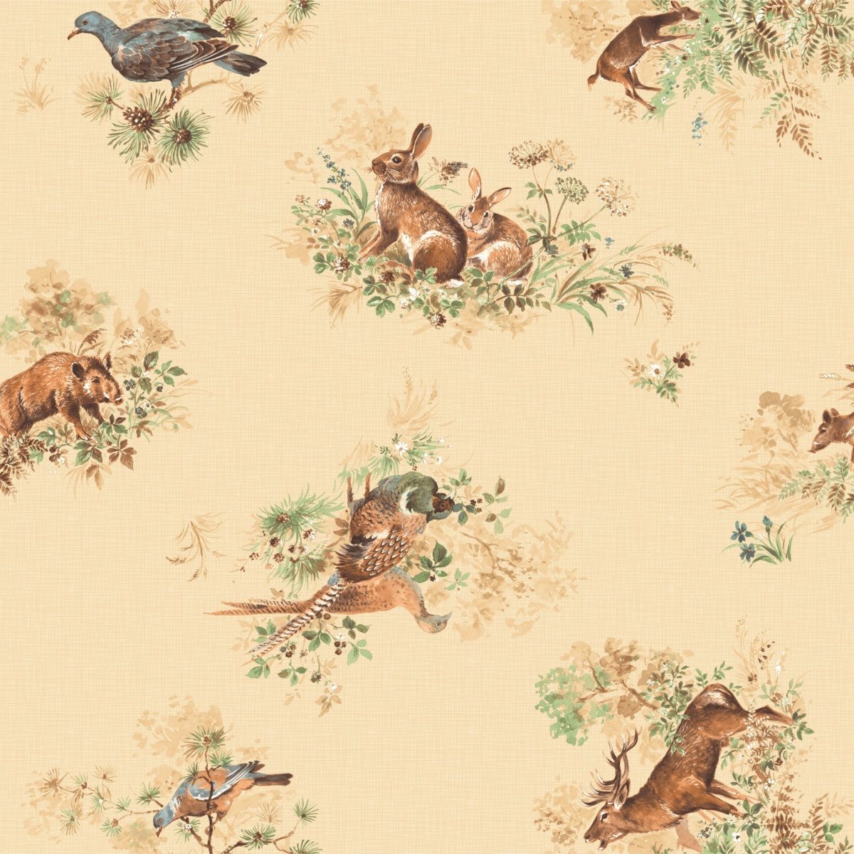Närbild av Varena Beige, vaxduk med jaktmotiv i retrostil