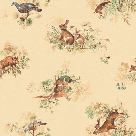 Närbild av Varena Beige, vaxduk med jaktmotiv i retrostil