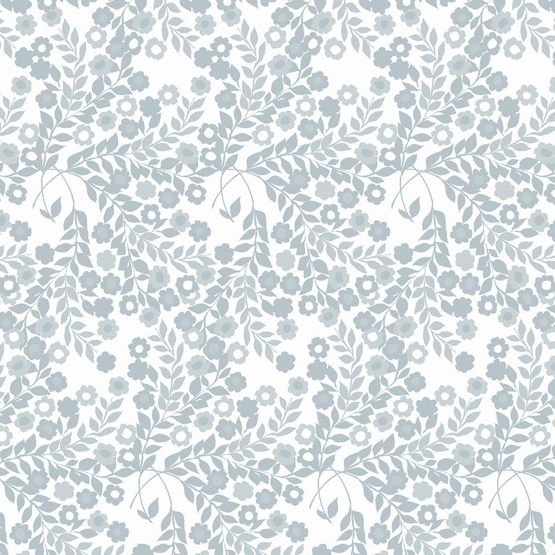 Närbild av Wallflower Ice Grey - Lola vaxduk med blomsterrankor i olika nyanser av grått